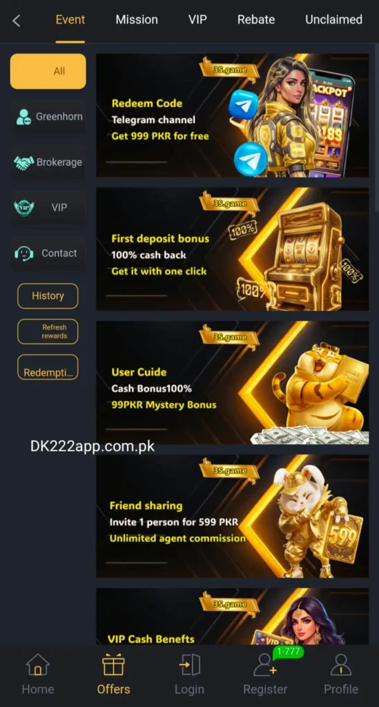 3S Game Pakistan casino app interface with online earning features