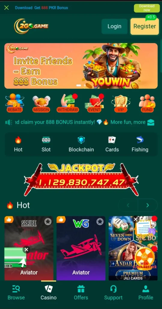 2go Game mobile app screen with login and registration options