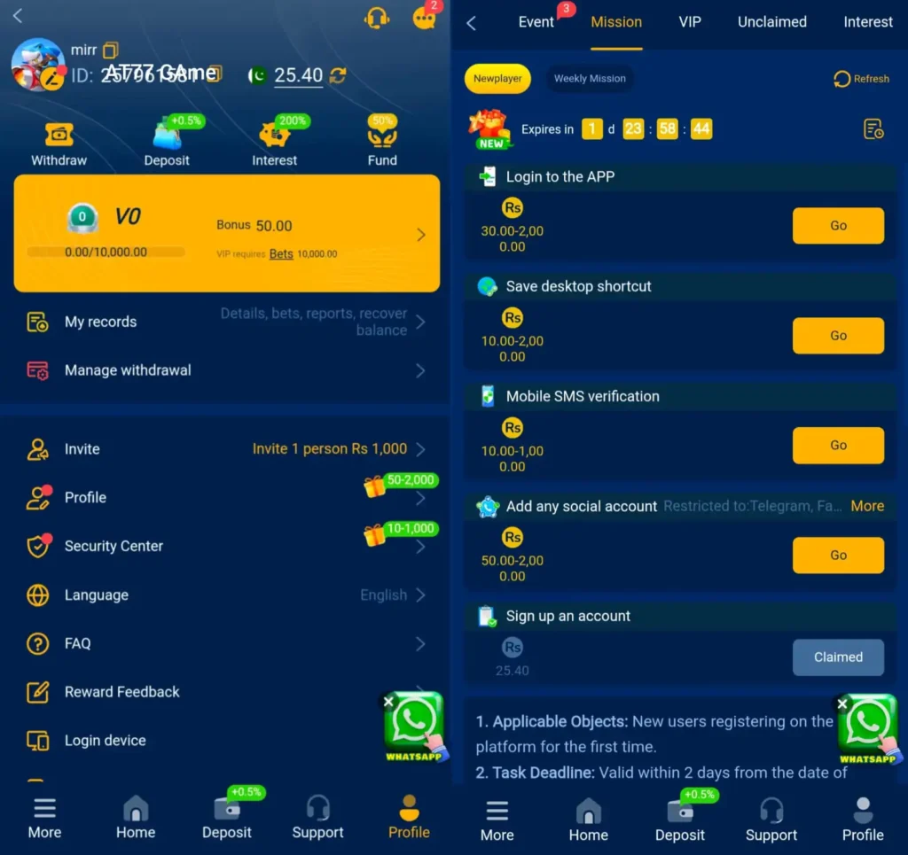 At77 Game dashboard displaying games and earning rewards