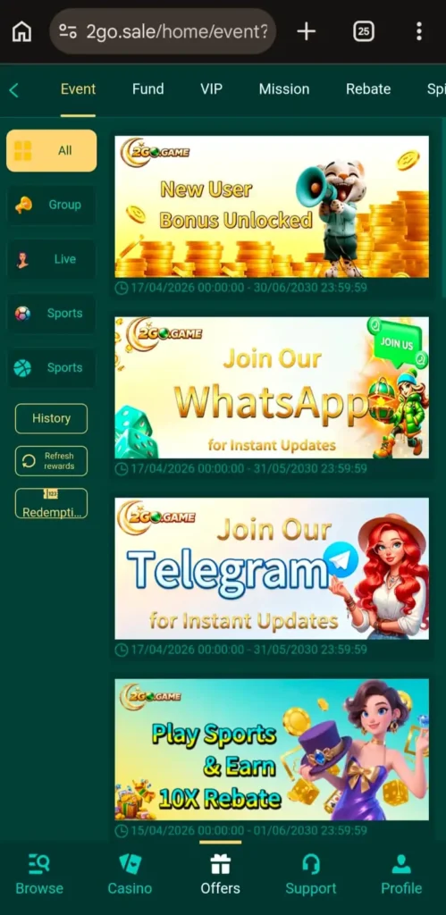 2go Game dashboard displaying games and earning rewards